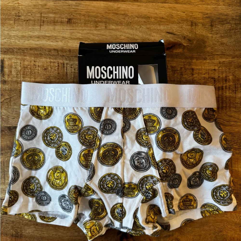 Moschino White and Gold Coin Print Boxer briefs trunks logo waistband men’s XS